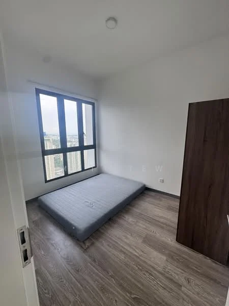 Bedroom features: grey mattress on wooden floor, floor-to-ceiling windows, white painted walls, laminate flooring, built-in wardrobe, city view, ceiling light fixture; style: modern; view: city.