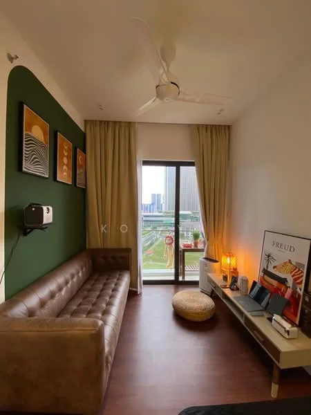 Living features: brown leather sofa, wooden coffee table, wall-mounted TV, floor-to-ceiling window, sheer curtains, green accent wall, decorative artwork on walls, ceiling fan, lampshade, wooden flooring; style: modern; view: city.