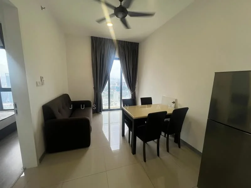 Dining features: 4-seater dining table, black upholstered dining chairs, brown fabric sofa, floor-to-ceiling window, grey curtains, polished tile flooring, recessed downlights, stainless-steel fridge; style: modern; view: city.