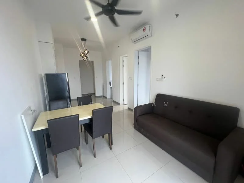 Living features: 3-seater fabric sofa in dark brown, dining table with 4 chairs, recessed downlights, 5-blade ceiling fan, wall-mounted split AC, white painted walls, glossy tile flooring, kitchenette with refrigerator; style: modern.