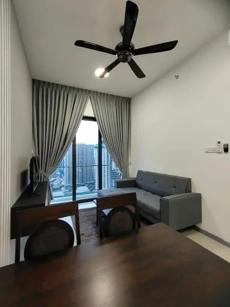 Living features: grey fabric sofa, 5-blade ceiling fan with light, floor-to-ceiling windows, sheer curtains, wooden dining table, 2 dining chairs, wall-mounted TV, decorative wall paneling, area rug; style: modern; view: city.