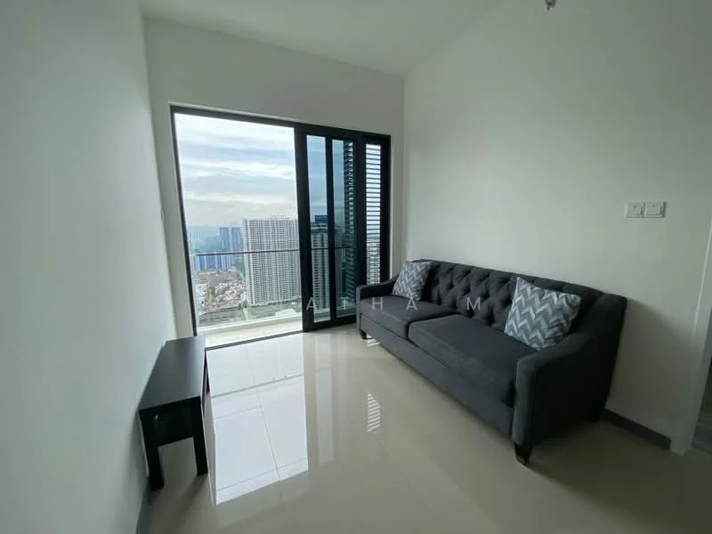 Living features: grey fabric sofa, 2 decorative cushions, black console table, floor-to-ceiling windows, sliding glass door, white painted walls, glossy tile flooring, city view; style: modern; view: city.