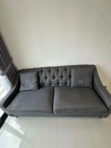 Living features: 3-seater fabric sofa in grey, white walls, large windows with sheer curtains, glossy tile flooring, decorative throw pillows, minimalist decor; style: modern.