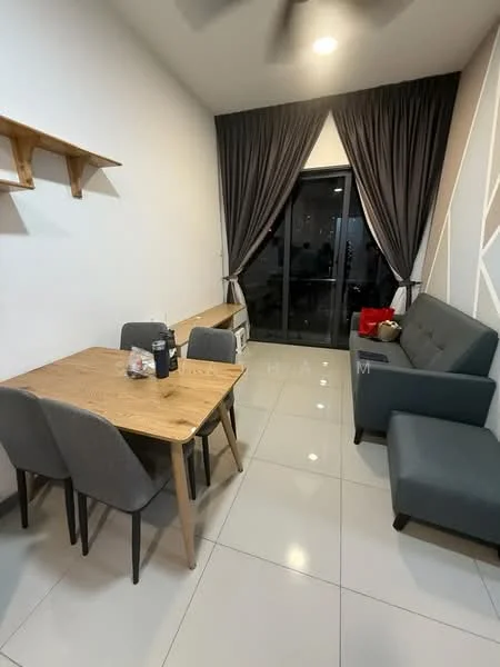 Dining features: dining table with wooden surface, 4 grey upholstered dining chairs, open shelving unit on wall, grey fabric sofa, floor-to-ceiling windows, curtains in dark grey, white painted walls, glossy tile flooring, ceiling fan with light, decorative items on table; style: modern.
