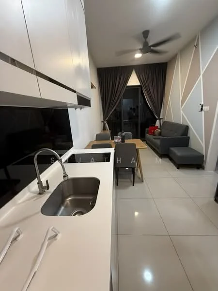 Kitchen features: single-bowl stainless-steel sink, chrome pull-down faucet, white laminate countertop, white cabinetry, ceramic tile flooring, recessed downlights; style: modern. Living features: 3-seater fabric sofa in grey, coffee table, dining table for 4, floor-to-ceiling windows, curtains, ceiling fan, ceramic tile flooring; style: modern.