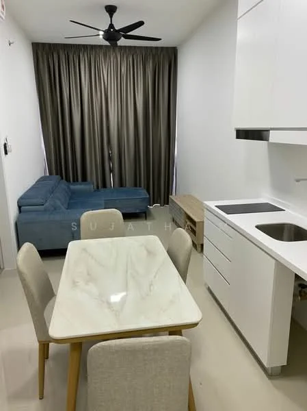 Living features: 3-seater fabric sofa in blue, dining table with marble top, 4 upholstered dining chairs, white cabinetry, single-bowl stainless-steel sink, chrome pull-down faucet, light-colored flooring, ceiling fan, floor-to-ceiling curtains in dark grey; style: modern.