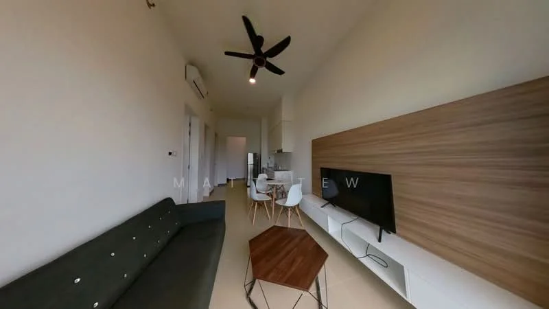 Living features: 3-seater fabric sofa in dark grey, wooden coffee table with hexagonal shape, wall-mounted TV, TV console with storage, light-colored walls, ceiling fan, air conditioning unit, dining table with 4 chairs, wood panel accent wall, tile flooring, large windows for natural light; style: modern.