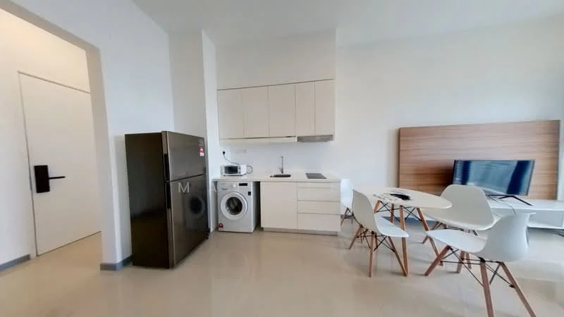 Kitchen features: white cabinetry, black refrigerator, built-in oven, microwave, stainless-steel sink, chrome pull-down faucet, ceramic tile flooring, white walls, dining table with white chairs, washing machine, TV console, wall-mounted TV; style: modern.