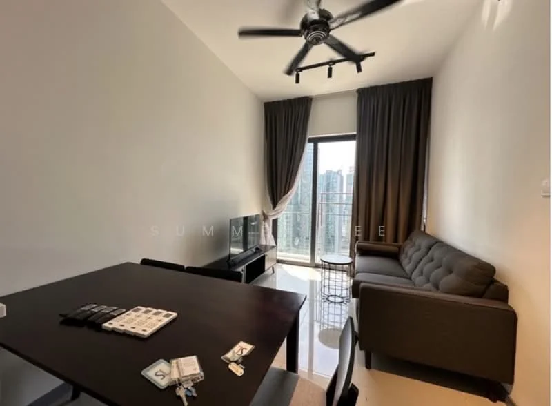 Living features: 3-seater fabric sofa in grey, coffee table, wall-mounted TV, floor-to-ceiling windows, sheer curtains, 5-blade ceiling fan with light, light-coloured walls, polished concrete flooring; style: modern; view: city.