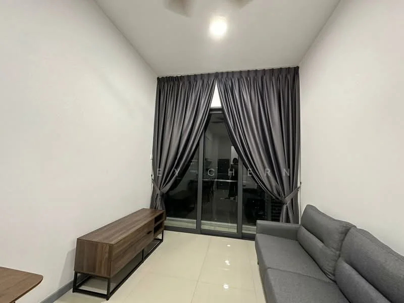Living features: grey fabric sofa, wooden TV console, floor-to-ceiling windows, grey curtains, white painted walls, glossy tile flooring, ceiling fan, recessed downlights; style: modern.