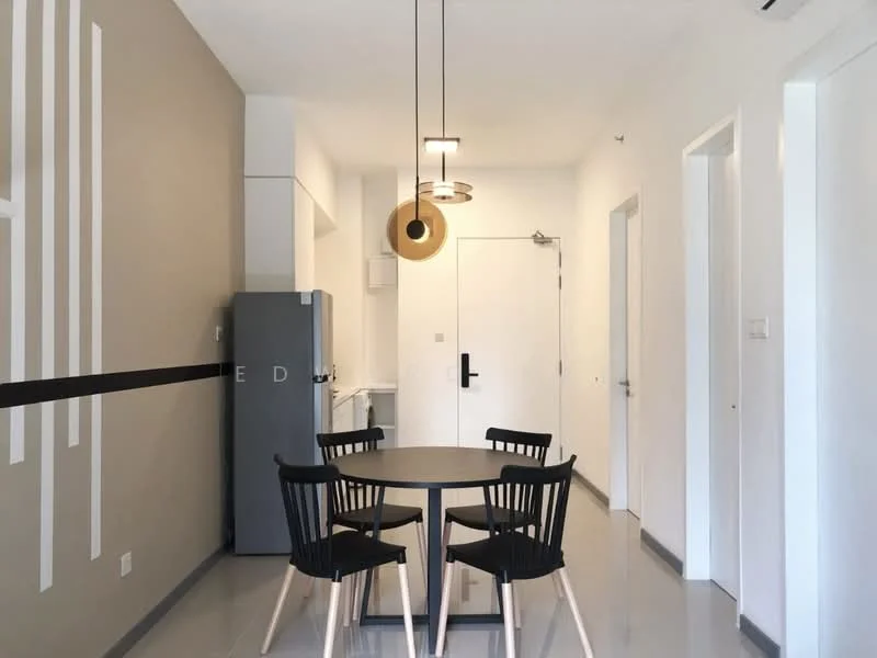 Dining features: round dining table, 4 black wooden dining chairs, grey painted walls, white walls, refrigerator, pendant light fixture, floor tiles, door to hallway, door to kitchen, wall with decorative stripes; style: modern.