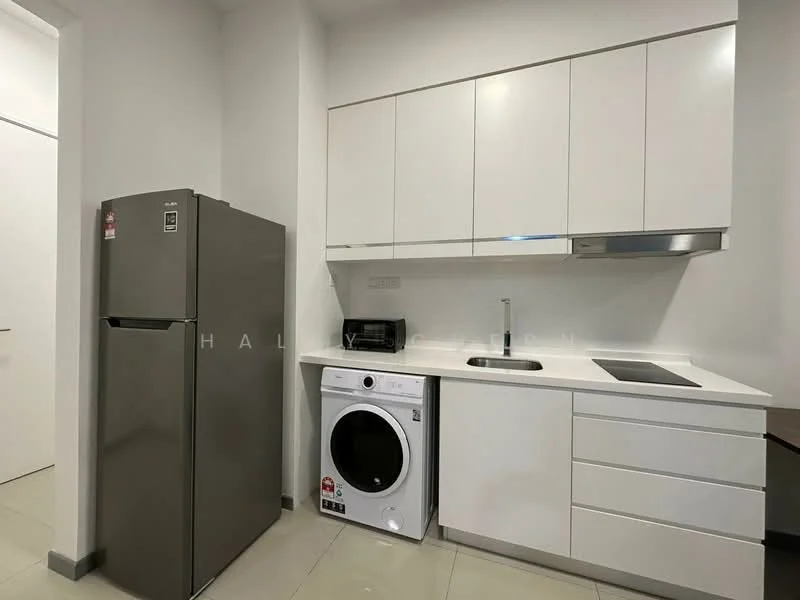 Kitchen features: white cabinetry, stainless-steel fridge, front-load washing machine, single-bowl stainless-steel sink, chrome pull-down faucet, black countertop, ceramic tile flooring, recessed downlights; style: modern.