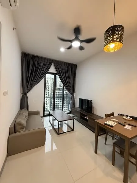 Living features: 3-seater fabric sofa in beige, coffee table with metal frame, wall-mounted TV, TV console, dining table for 4 with wooden chairs, floor-to-ceiling windows, sheer curtains, 5-blade ceiling fan with light, recessed downlights, white painted walls, glossy tile flooring; style: modern; view: city.