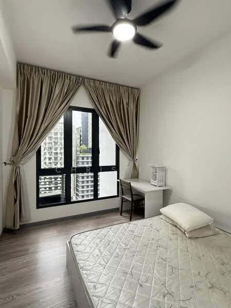 Bedroom features: queen-size bed, upholstered headboard, wooden flooring, 5-blade ceiling fan with light, floor-to-ceiling windows, sheer curtains, study desk, wooden chair, decorative lamp, neutral wall color; style: modern; view: city.