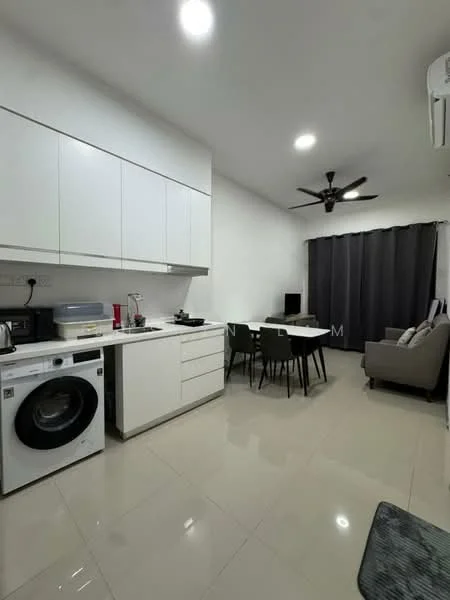 Kitchen features: white cabinetry, built-in oven, microwave, stainless-steel sink, chrome pull-down faucet, washing machine, ceramic tile flooring, recessed downlights, 5-blade ceiling fan, dining table with chairs, sofa, curtains, wall-mounted TV; style: modern.