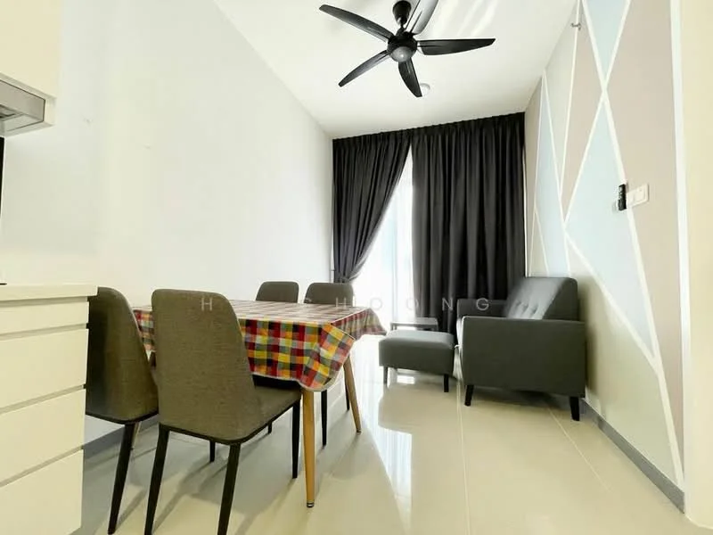 Dining features: dining table with checkered tablecloth, 4 dining chairs, grey upholstered armchair, floor-to-ceiling window, blackout curtains, light-colored tiled flooring, ceiling fan with 5 blades, geometric accent wall in pastel colors; style: modern.