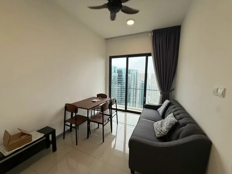 Living features: grey fabric sofa, 4-seater dining table, black dining chairs, floor-to-ceiling windows, city skyline view, white painted walls, recessed downlights, polished tile flooring, ceiling fan; style: modern; view: city.