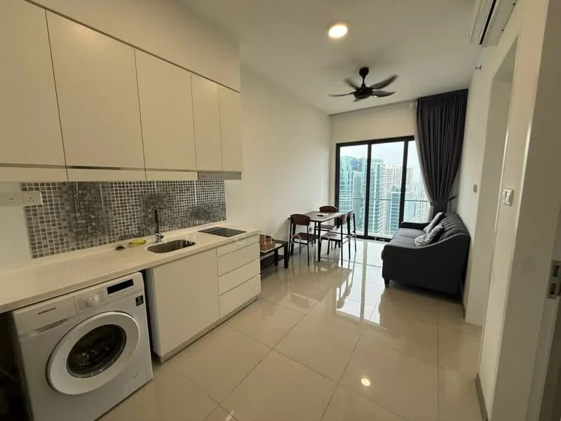 Kitchen features: white cabinetry, grey mosaic tile backsplash, single-bowl stainless-steel sink, chrome pull-down faucet, built-in oven, 4-burner gas hob, stainless-steel range hood, washing machine, marble countertop, recessed downlights, floor-to-ceiling windows, ceramic tile flooring; style: modern; view: city. Living features: 3-seater fabric sofa in grey, dining table for 4, chairs, ceiling fan, floor-to-ceiling windows, ceramic tile flooring; style: modern; view: city.