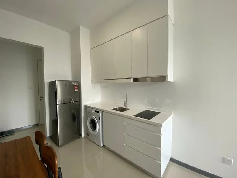Kitchen features: white cabinetry, stainless-steel fridge, built-in oven, single-bowl stainless-steel sink, chrome pull-down faucet, white quartz countertop, ceramic tile flooring, washing machine, under-cabinet lighting, open shelving, dining table with wooden chairs; style: modern.
