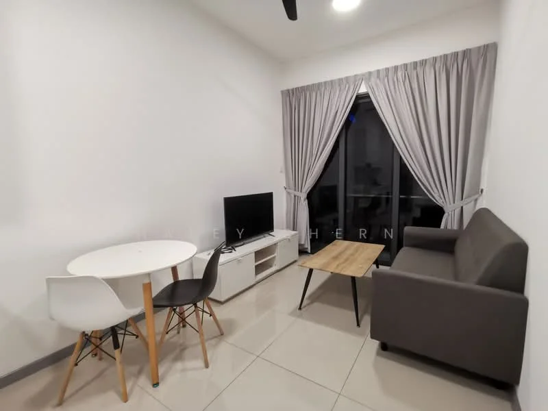 Living features: grey fabric sofa, wood coffee table, white round dining table, 4 dining chairs in black and white, TV console, floor-to-ceiling windows, sheer curtains, white painted walls, glossy tile flooring, ceiling fan with light, recessed downlights; style: modern.