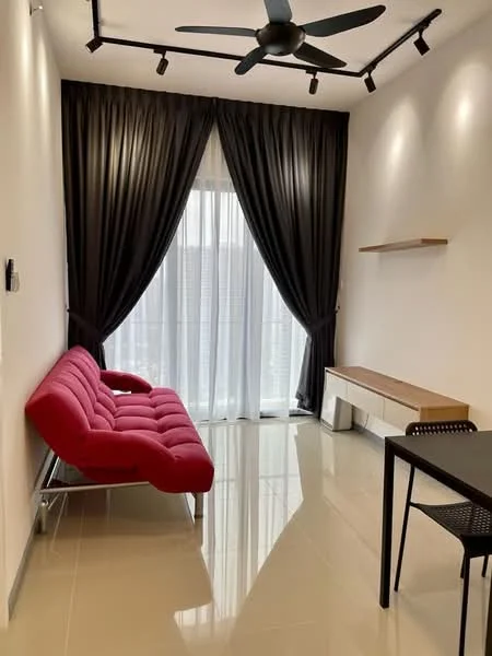 Living features: red fabric sofa, black ceiling fan, white painted walls, glossy tile flooring, floor-to-ceiling windows, sheer curtains, blackout curtains, wooden shelf, black dining table with chairs, recessed downlights; style: modern; view: city.