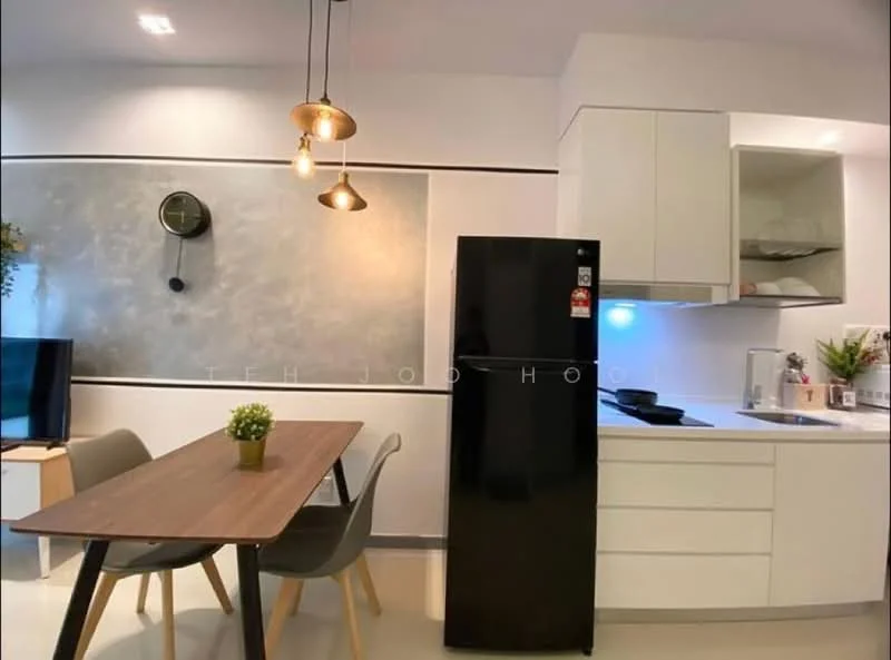 Kitchen features: black refrigerator, white cabinetry, marble countertop, stainless-steel sink, chrome pull-down faucet, built-in stove, pendant lighting, dining table with wooden top, grey dining chairs, wall clock, decorative plant; style: modern.