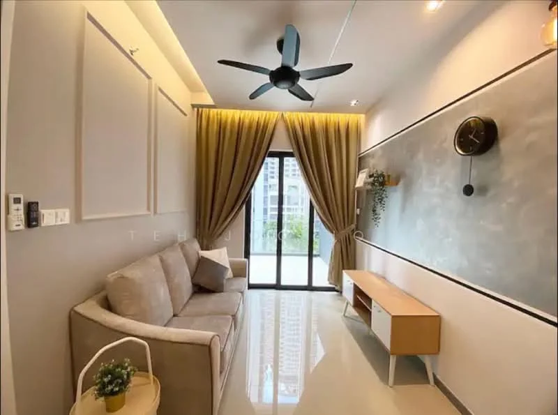 Living features: 3-seater fabric sofa in light grey, floor-to-ceiling windows, sliding glass door, curtains in beige, wall-mounted clock, wooden TV console with white drawers, decorative wall with grey finish, ceiling fan with 5 blades, light-colored glossy tile flooring, indoor plant in ceramic pot, wall-mounted shelf, decorative wall paneling; style: modern; view: city.