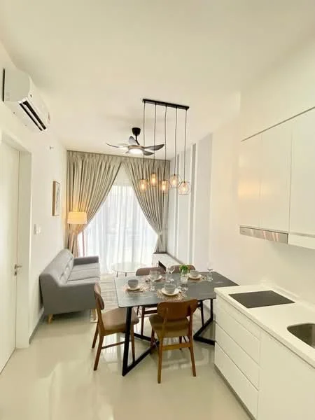 Dining features: white painted walls, glossy tile flooring, 5-blade ceiling fan with light, hanging pendant lights, dining table with 4 chairs, grey fabric sofa, floor-to-ceiling windows with sheer curtains, kitchen cabinetry with white finish, built-in countertop with sink, recessed lighting; style: modern; view: city.