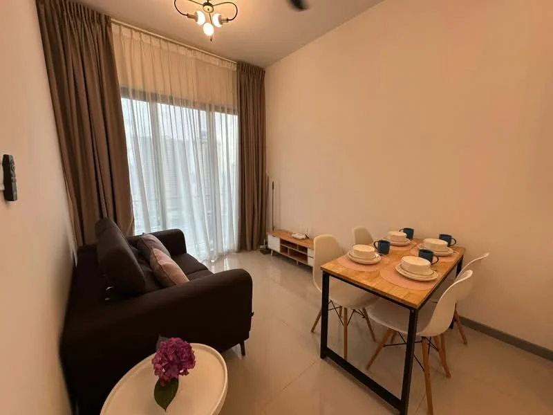 Living features: brown fabric sofa, white round coffee table, dining table with wooden top, 4 white dining chairs, table set with plates and cutlery, floor-to-ceiling windows, sheer curtains, light fixture with multiple bulbs, cream painted walls, glossy tile flooring; style: modern.