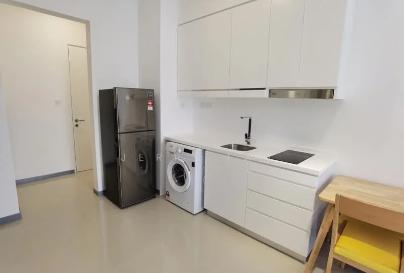 Kitchen features: white cabinetry, stainless-steel refrigerator, front-load washing machine, black countertop, single-bowl stainless-steel sink, chrome pull-down faucet, built-in induction hob, ceramic tile flooring, white walls, recessed downlights; style: modern.