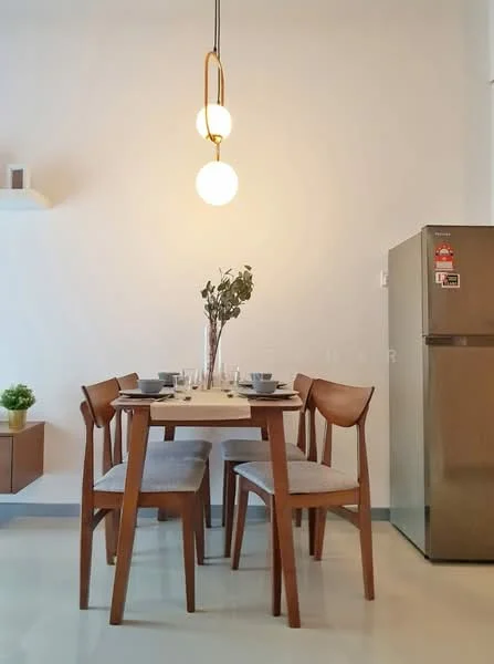 Dining features: wooden dining table, four wooden dining chairs with cushions, pendant light fixture with two globes, stainless-steel fridge, decorative plant in ceramic pot, neutral painted walls, glossy tile flooring; style: modern.
