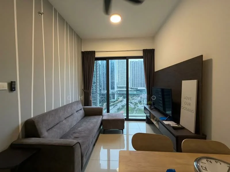 Living features: grey fabric sofa, wall-mounted TV, wooden TV console, dining table with chairs, floor-to-ceiling windows, curtains, white painted walls, glossy tile flooring, decorative wall art, ceiling light fixture; style: modern; view: city.
