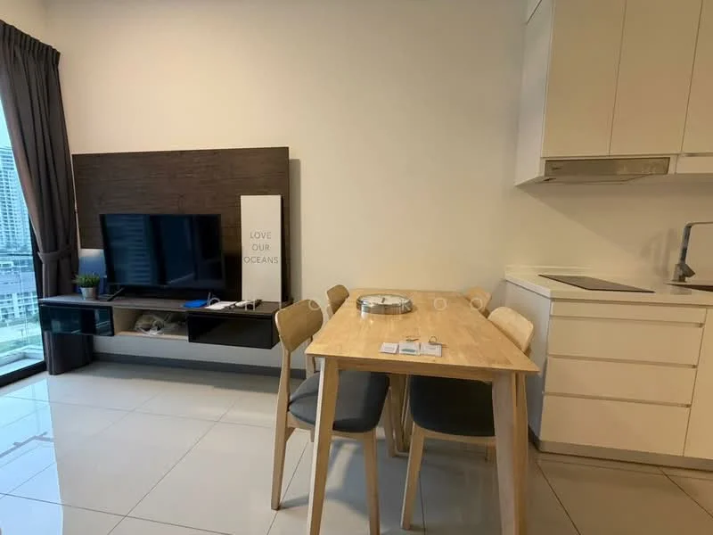 Living features: light grey painted walls, white cabinetry, light wood dining table, 4 dining chairs in black and wood, wall-mounted TV, dark wood feature wall, floor-to-ceiling windows, ceramic tile flooring, kitchen countertop, stainless-steel sink, chrome pull-down faucet; style: modern; view: city.