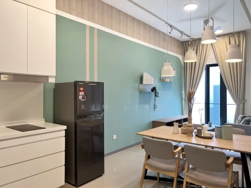 Living features: white cabinetry, green accent wall, light wood paneling, grey sofa, dining table with wooden surface, 4 dining chairs, black refrigerator, built-in cooktop, pendant lighting, floor-to-ceiling windows, curtains, light-colored flooring, decorative wall plant; style: modern; view: city.