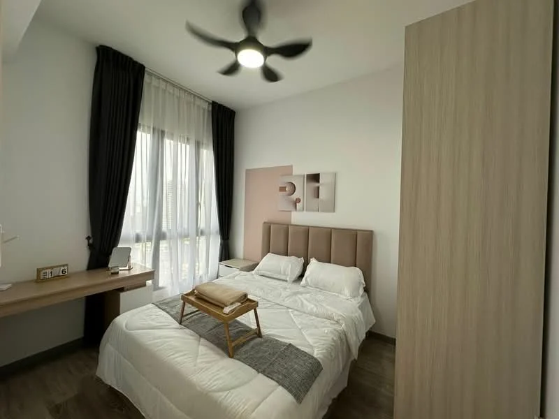 Bedroom features: king-size bed with upholstered headboard, white bedding, wooden bedside table, ceiling fan with light, floor-to-ceiling windows, sheer curtains, dark curtains, light wood wardrobe, decorative wall art, laminate flooring; style: modern; view: city.