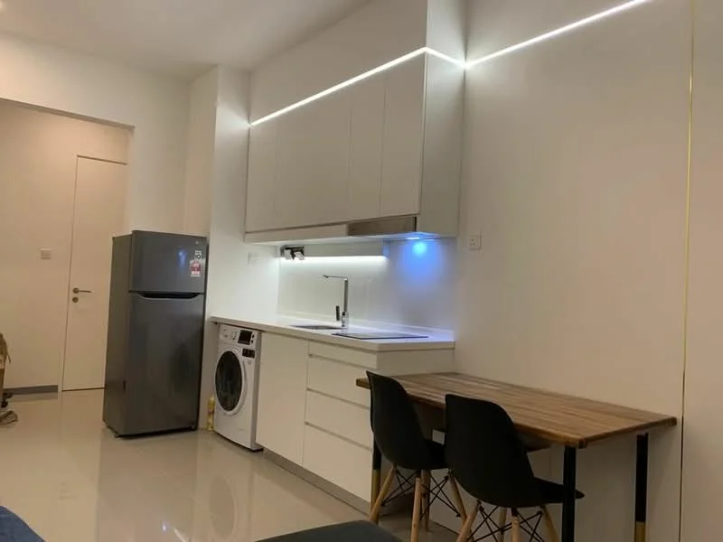 Kitchen features: white cabinetry, stainless-steel fridge, built-in sink, chrome faucet, white countertop, washing machine, wood dining table, black dining chairs, recessed LED lighting, glossy tile flooring, wall-mounted cabinets, open shelving; style: modern.