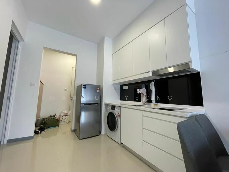 Kitchen features: white cabinetry, black countertop, stainless-steel fridge, front-load washing machine, single-bowl stainless-steel sink, chrome pull-down faucet, ceramic tile flooring, recessed downlights, wall-mounted cabinets, open shelving; style: modern. Room features: white walls, light-colored flooring.