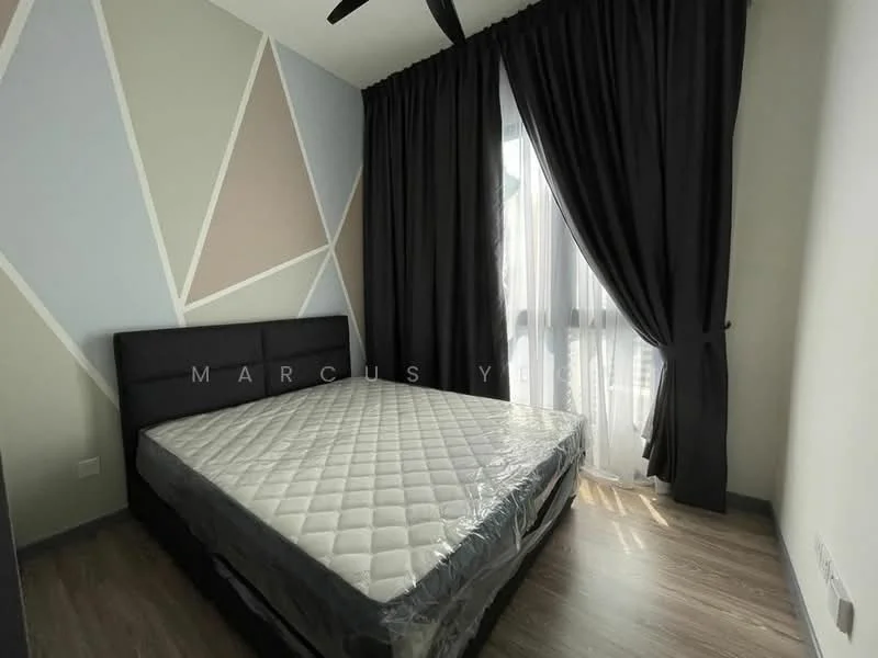 Bedroom features: queen-size bed, black upholstered headboard, black curtains, floor-to-ceiling windows, light-colored walls with geometric pattern, wood laminate flooring, ceiling fan, decorative wall design; style: modern.