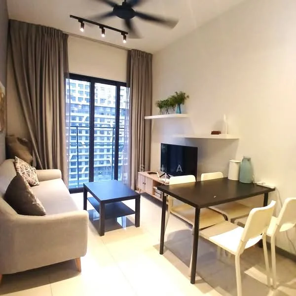 Living features: 3-seater fabric sofa in grey, coffee table, wall-mounted TV, TV console, dining table for 4 with white chairs, floor-to-ceiling windows, curtains, ceiling fan with light, decorative plant on shelf, light-colored walls, tile flooring; style: modern; view: city.
