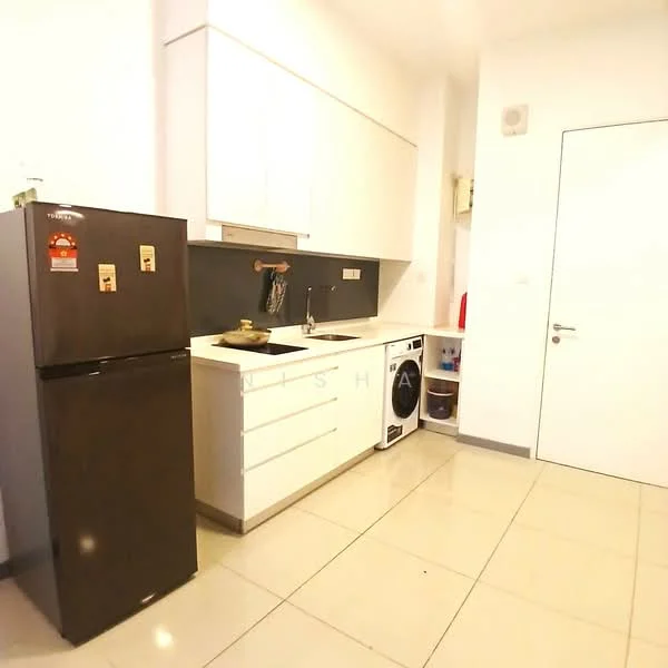Kitchen features: white cabinetry, grey countertop, stainless-steel sink, chrome pull-down faucet, built-in oven, freestanding fridge in dark finish, front-load washing machine, tile flooring, white walls, recessed downlights, door to hallway; style: modern.