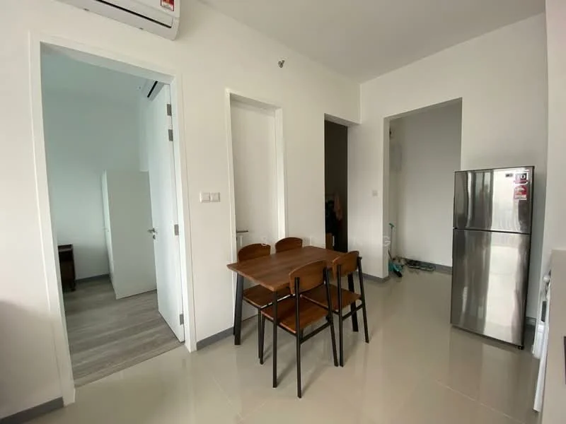 Dining features: 4-seater wooden dining table, black dining chairs, white painted walls, tile flooring, wall-mounted split AC, doorway to adjacent room, doorway to hallway, refrigerator; style: modern. Room features: grey laminate flooring, white painted walls, doorway to dining area.