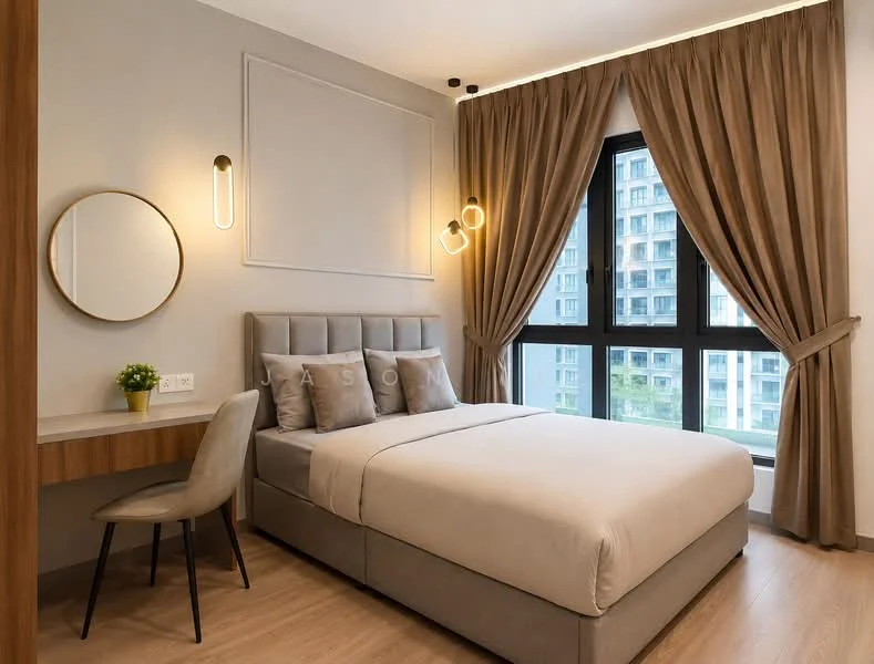 Bedroom features: queen-size bed with beige upholstered headboard, two decorative pillows on bed, wooden bedside table, round mirror on wall, wall-mounted light fixtures, floor-to-ceiling windows, sheer curtains, brown curtain drapes, light wood flooring, study desk with chair; style: modern; view: garden.