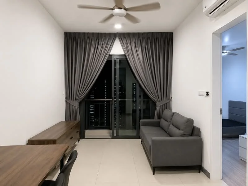 Living features: grey fabric sofa, wooden dining table, black dining chair, floor-to-ceiling sliding glass door, grey curtains, light-colored tiled flooring, ceiling fan with light, wall-mounted air conditioning unit; style: modern; view: city.