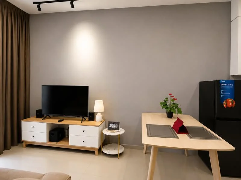 Living features: grey painted walls, white ceiling, recessed downlights, 3-seater beige sofa, wooden coffee table, black TV console, flat-screen TV, white side table, table lamp, black refrigerator, decorative plant on table, dining table with four chairs, curtains, tile flooring; style: modern.