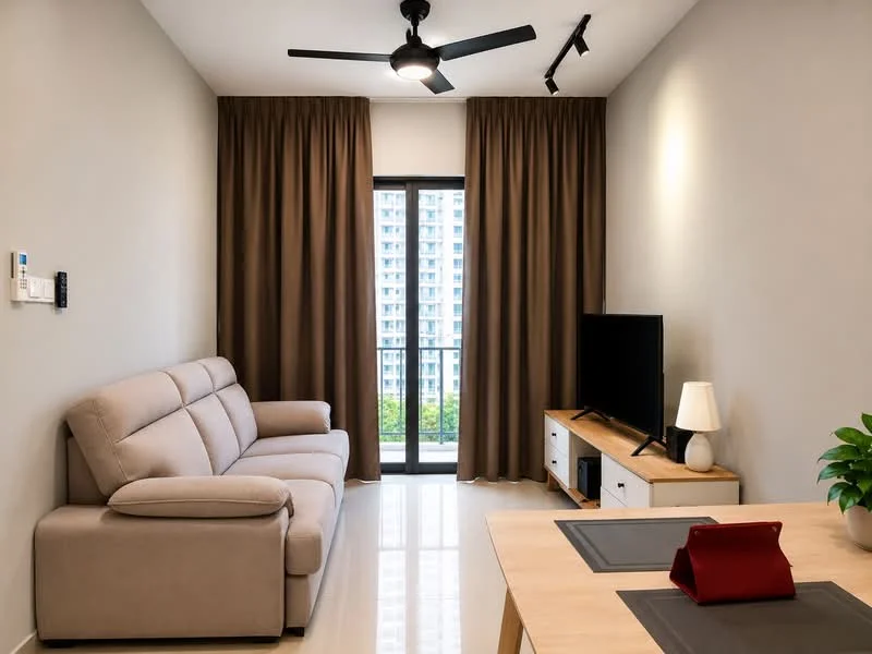 Living features: 3-seater fabric sofa in light grey, floor-to-ceiling windows, brown curtains, wall-mounted TV, TV console in light wood, decorative lamp, ceiling fan with light, polished tile flooring, indoor plant in ceramic pot, coffee table with placemat; style: modern; view: garden.