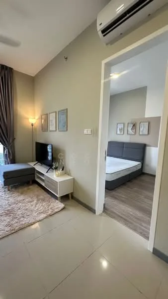 Living features: light grey wall, cream tiled flooring, 5-blade ceiling fan, wall-mounted TV, white TV console, area rug, decorative wall art, curtains, floor-to-ceiling window, air conditioning unit; style: modern. Bedroom features: queen-size bed, wooden flooring, decorative wall art, bedside table, built-in wardrobe, light grey wall; style: modern.
