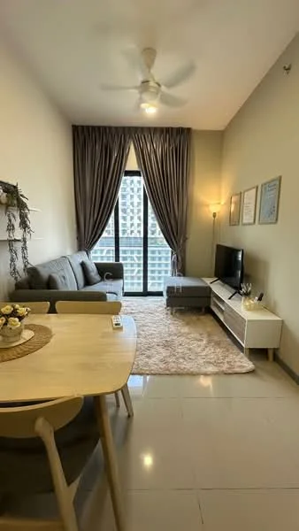Living features: 3-seater fabric sofa in grey, coffee table, TV console, wall-mounted TV, area rug with geometric pattern, floor-to-ceiling windows, sheer curtains, ceiling fan with light, decorative wall art, light-colored walls, tile flooring; style: modern; view: city. Dining features: round dining table, 4 dining chairs, decorative centerpiece, light-colored walls, tile flooring; style: modern; view: city.