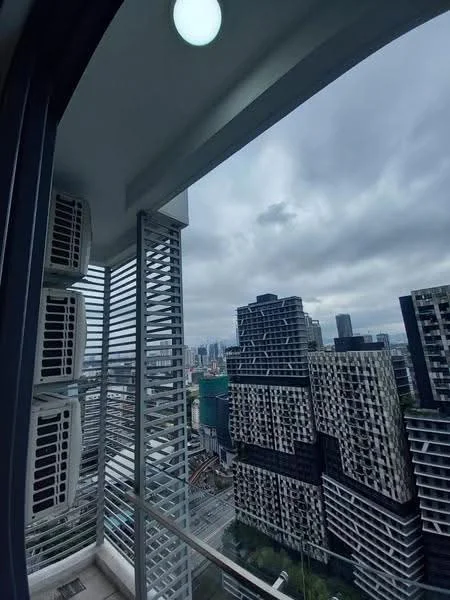 Room features: floor-to-ceiling windows, balcony with railing, city skyline view, 3 wall-mounted split AC units, grey walls, recessed ceiling light; style: modern; view: city.