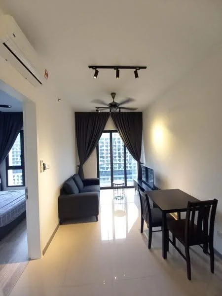 Living features: grey fabric sofa, coffee table, wall-mounted TV, dining table for 2, 4 dining chairs, floor-to-ceiling windows, sheer curtains, dark curtains, recessed LED downlights, ceiling fan, glossy tile flooring, white painted walls; style: modern; view: city.