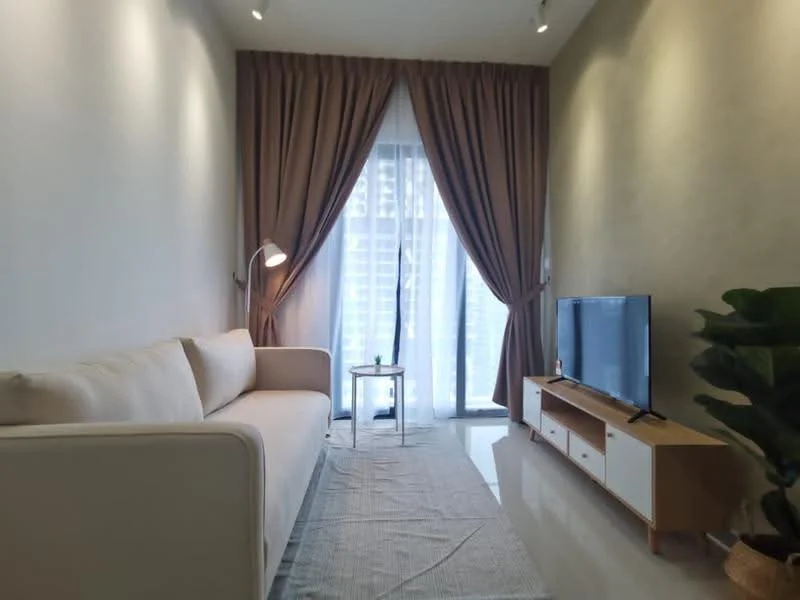 Living features: cream fabric sofa, wooden TV console, wall-mounted TV, floor lamp, light grey area rug, curtains in brown, floor-to-ceiling windows, polished tile flooring, decorative plant, small side table; style: modern; view: city.